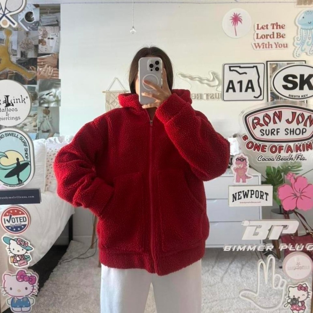 red fabletics sherpa jacket sweatshirt with hood